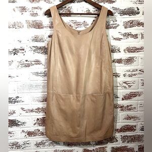 Vince Leather Dress Sleeveless Shift Tan Front Pockets Size 10